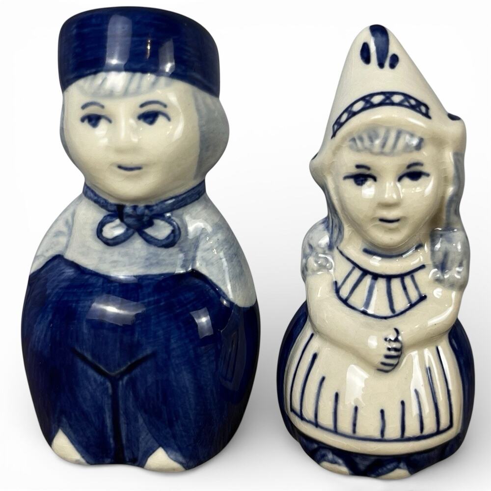 Vintage Delft Style Blue & White Dutch Boy & Girl Salt & Pepper Shakers Holland